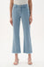 Woman wearing Joseph Ribkoff cotton denim stripe print Featherweave jeans styled for casual brunch, weekend outings, travel days, and smart casual wear.