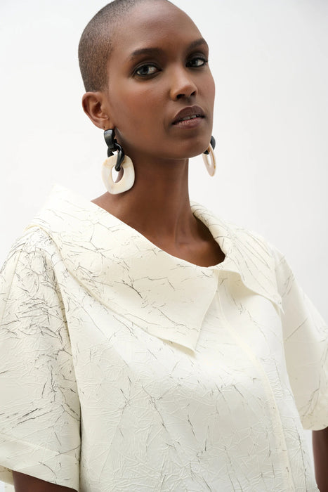 Joseph Ribkoff Cream/Black Abstract Print Cowl Collar Boxy Top 262088