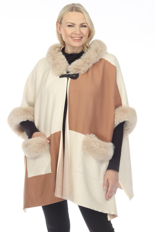 Joseph Ribkoff Style 233940 Cream/Caramel Color Block Faux Fur Hooded Poncho Cover-Up