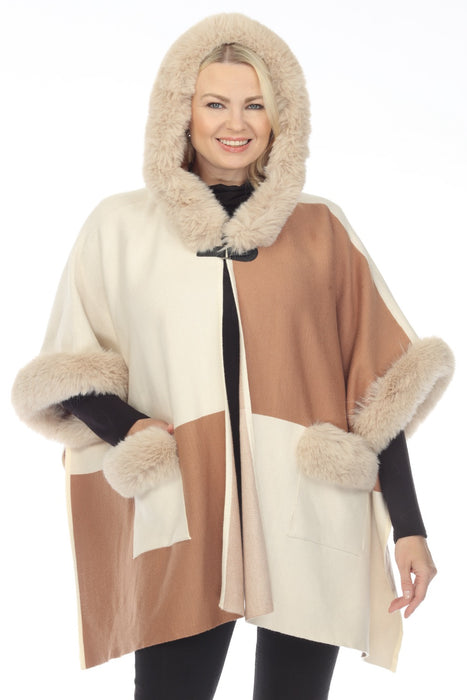 Joseph Ribkoff Cream/Caramel Color Block Faux Fur Hooded Poncho Cover-Up 233940