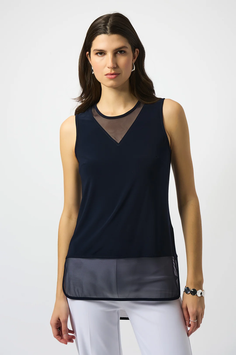 Joseph Ribkoff 251091 Midnight Blue Crew Neck Mesh Sleeveless Hi-Low Top