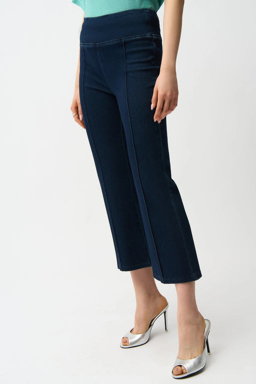 Woman wearing Joseph Ribkoff dark blue knit denim cropped flare pants