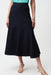 Woman wearing dark blue denim midi flared jean skirt with patchwork seams from Joseph Ribkoff