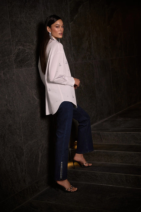 Joseph Ribkoff Dark Blue Denim Rhinestone Split Straight Jeans 254917