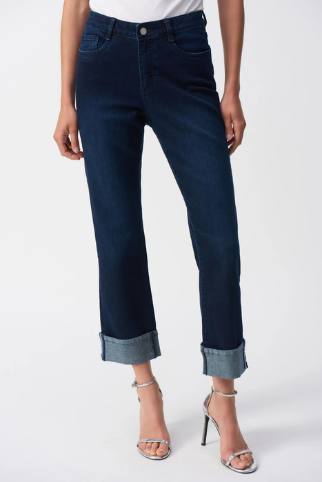 Joseph Ribkoff 251961 Dark Denim Blue Turned Embellished Hem Slim Fit Cropped Jeans