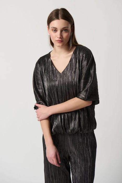 Joseph Ribkoff Style 234246 Dark Grey Metallic Crinkled Pleats Half Sleeve Top