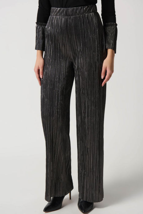 Joseph Ribkoff Style 234210 Dark Grey Metallic Crinkled Pleats Pull On Wide Leg Pants