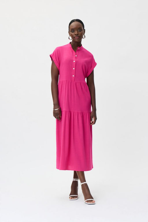 Joseph Ribkoff Style 232115 Dazzle Pink Mandarin Collar Tiered Midi Shirt Dress Dress