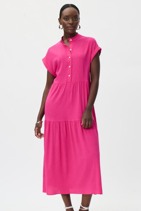 Joseph Ribkoff Dazzle Pink Mandarin Collar Tiered Midi Shirt Dress Dress 232115