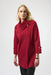 Woman wearing a red sweater knit cardigan with overlap collar and cropped sleeves from Joseph Ribkoff