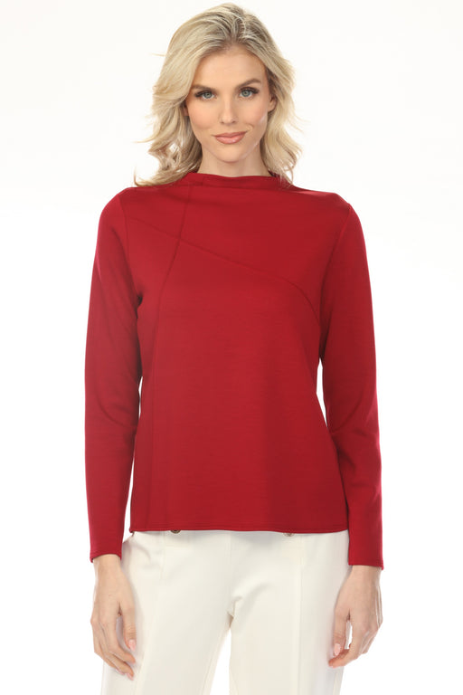 Woman wearing a red long-sleeve top with mock neckline and subtle pintuck detail from Joseph Ribkoff