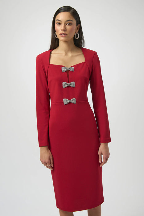 Joseph Ribkoff Deep Cherry Rhinestone Bow Accent Sheath Dress 254053