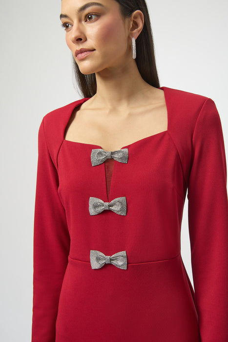 Joseph Ribkoff Deep Cherry Rhinestone Bow Accent Sheath Dress 254053