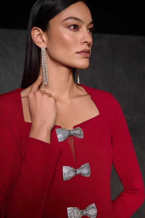 Joseph Ribkoff Deep Cherry Rhinestone Bow Accent Sheath Dress 254053