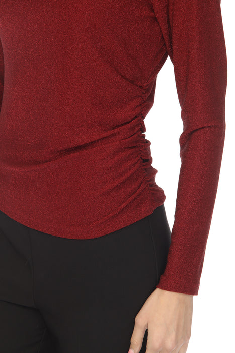 Joseph Ribkoff Deep Cherry Shimmery Mock Neck Ruched Top 254162