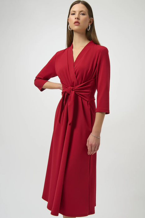 Joseph Ribkoff Deep Cherry V-Neckline Waist Tie 3/4 Sleeve Fit and Flare Dress 254127