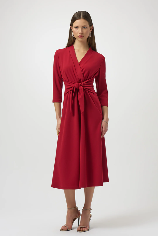 Joseph Ribkoff 254127 Deep Cherry V-Neckline Waist Tie 3/4 Sleeve Fit and Flare Dress