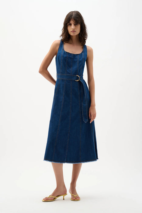 Joseph Ribkoff Denim Medium Blue Belted Midi A-Line Dress 262901