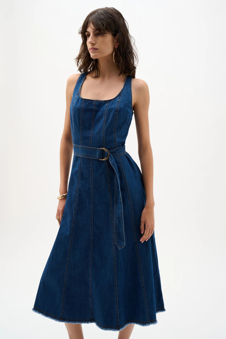 Joseph Ribkoff Denim Medium Blue Belted Midi A-Line Dress 262901