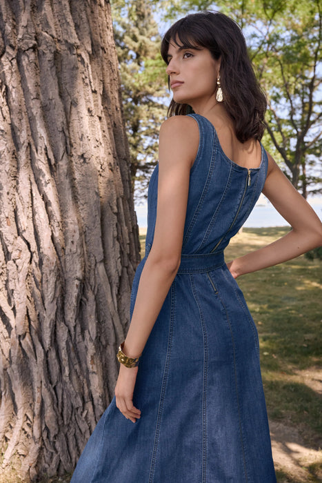 Joseph Ribkoff Denim Medium Blue Belted Midi A-Line Dress 262901