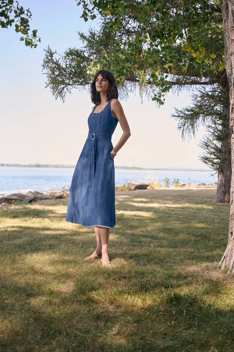 Joseph Ribkoff Denim Medium Blue Belted Midi A-Line Dress 262901