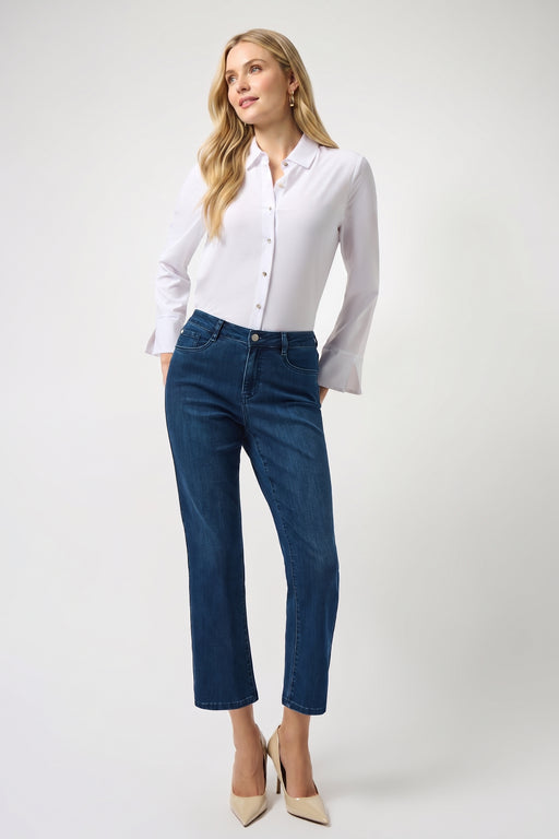 Woman wearing Joseph Ribkoff Classic Cropped Straight Jeans in Featherweave™ stretch denim with a fitted top and heels for a polished casual-chic look.