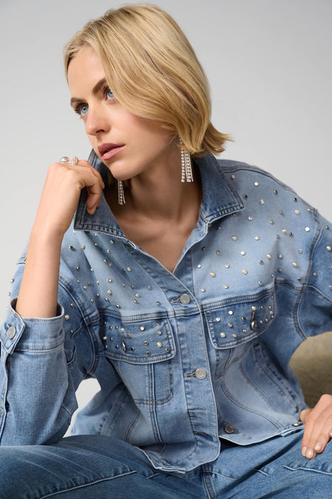 Joseph Ribkoff Light Denim Blue Pearls and Studs Oversized Jacket 261946