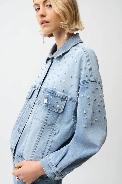 Joseph Ribkoff Light Denim Blue Pearls and Studs Oversized Jacket 261946