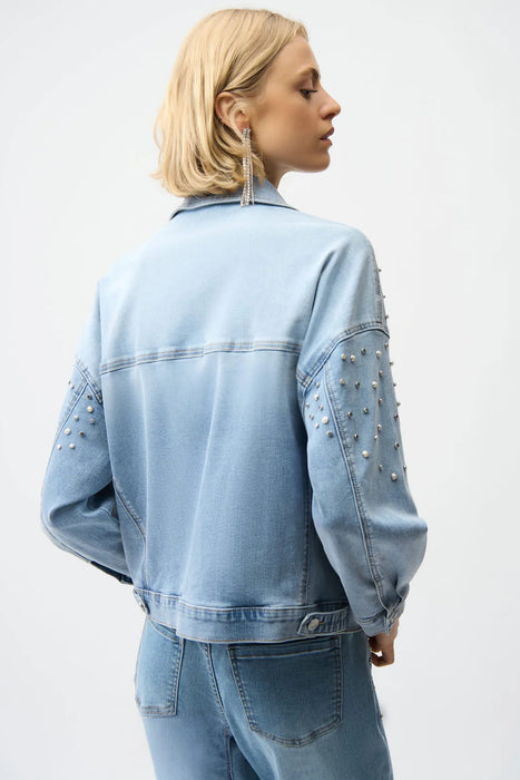 Joseph Ribkoff Light Denim Blue Pearls and Studs Oversized Jacket 261946