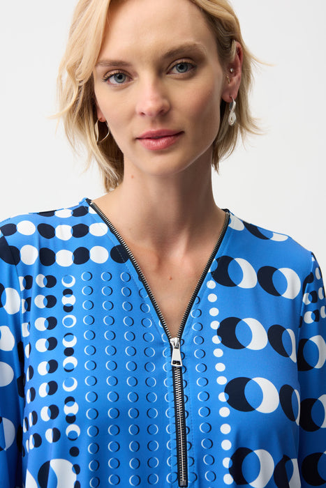 Joseph Ribkoff Blue/Vanilla Dot Print Zip Front Tunic Top 261288