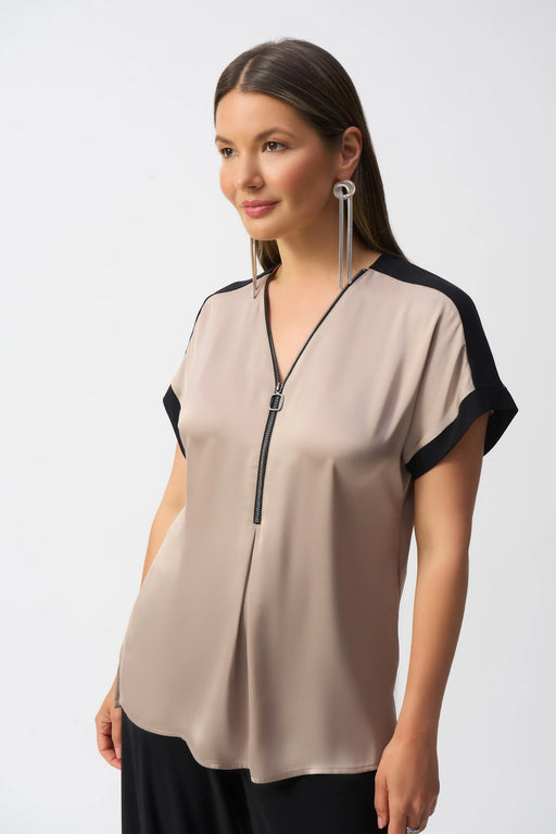 Joseph Ribkoff Style 251247 Dune/Black V-Neck Zip Front Satin Top