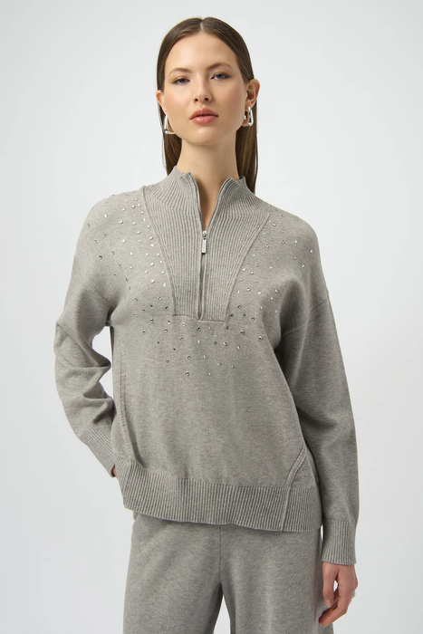 Joseph Ribkoff Embellished Zipped Mock Neck Pullover Sweater 254933