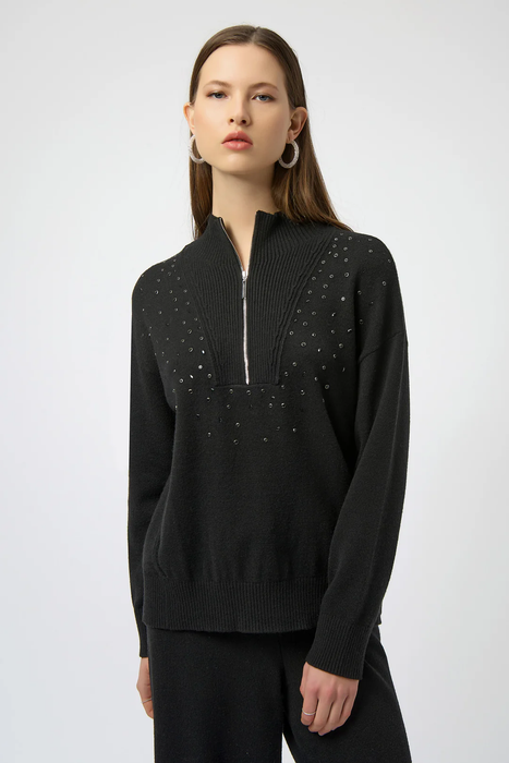 Joseph Ribkoff 254933 Black Embellished Zipped Mock Neck Pullover Sweater