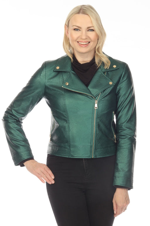 Joseph Ribkoff Style 234902 Emerald Green Metallic Faux Leather Moto Jacket