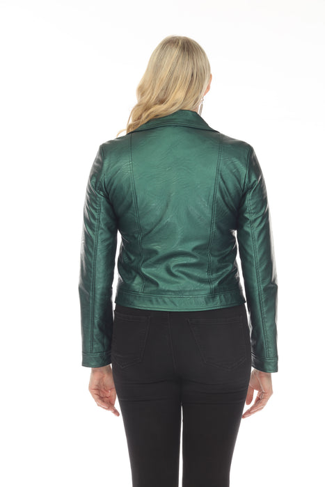 Joseph Ribkoff Emerald Green Metallic Faux Leather Moto Jacket 234902