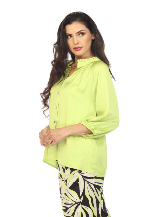 Joseph Ribkoff Exotic Lime Ruffled Collar 3/4 Sleeve Button-Down Blouse 232129 NEW