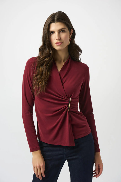 Joseph Ribkoff 253020 Merlot Faux Wrap Long Sleeve Fitted Top