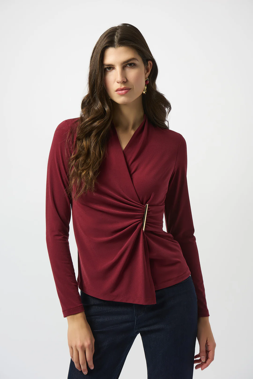 Joseph Ribkoff 253020 Merlot Faux Wrap Long Sleeve Fitted Top