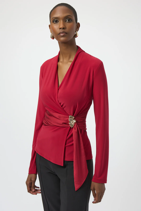 Joseph Ribkoff 254117 Deep Cherry Faux Wrap V-Neck Long Sleeves Top