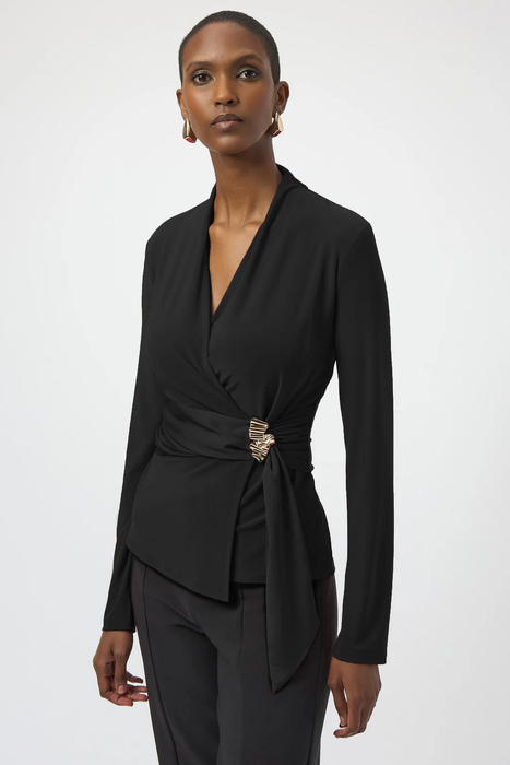 Joseph Ribkoff 254117 Black Faux Wrap V-Neck Long Sleeves Top