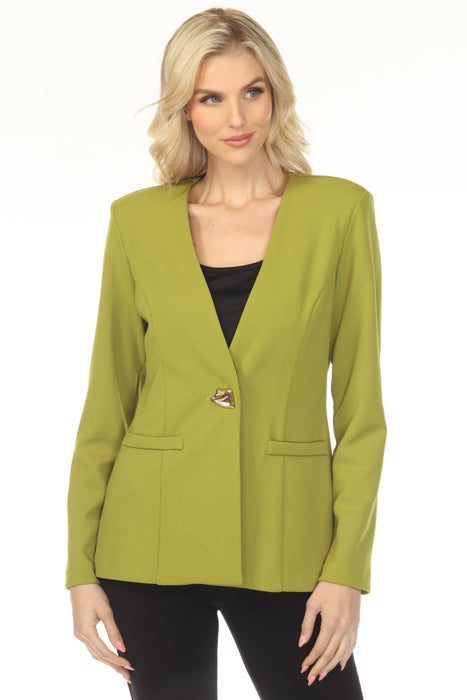 Woman wearing a green blazer with v-neck and long sleeves from Joseph Ribkoff