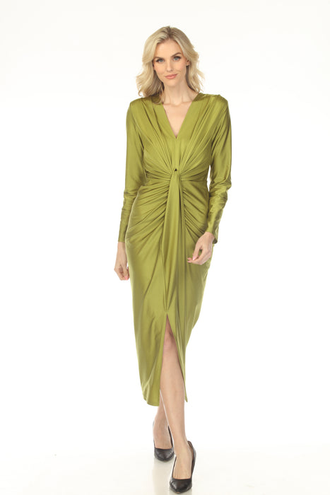 Woman wearing a green satin evening dress with ruching at the front and v-neck from Joseph Ribkoff