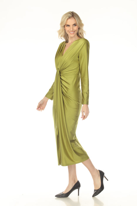 Joseph Ribkoff Fern Green Ruched V-Neck Satin Evening Dress 253714