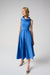 Woman wearing Joseph Ribkoff fit and flare shawl collar dress in midi length with sleeveless design and elegant structured silhouette in blue and black options.