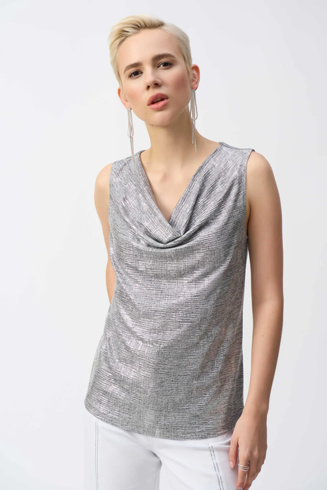 Joseph Ribkoff 251081 Grey/Silver Foiled Knit Cowl Neck Sleeveless Top