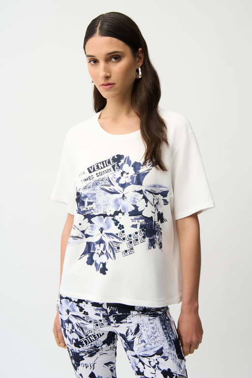 Joseph Ribkoff 261967 Vanilla/Blue Front Print Rhinestoned T-Shirt Top