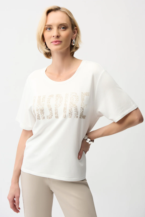 Joseph Ribkoff 261967 Beige/Vanilla Front Print Rhinestoned T-Shirt Top