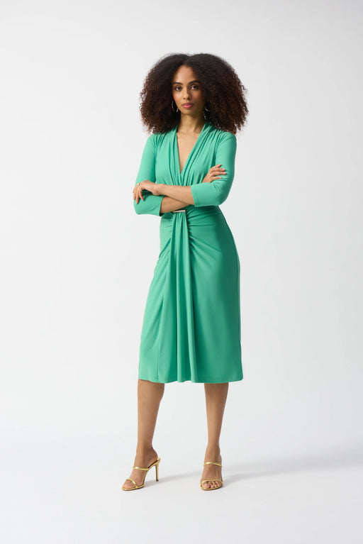 Joseph Ribkoff Style 251275 Garden Green Ruched Faux Wrap Midi Sheath Dress