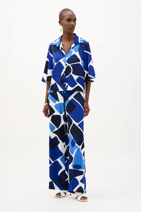 Joseph Ribkoff Vanilla/Blue Geometric Button Front Boxy Blouse 262154