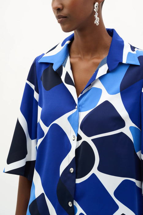 Joseph Ribkoff Vanilla/Blue Geometric Button Front Boxy Blouse 262154